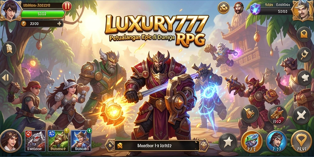 Screenshot utama LUXURY777 menampilkan pertarungan epik di dunia RPG.